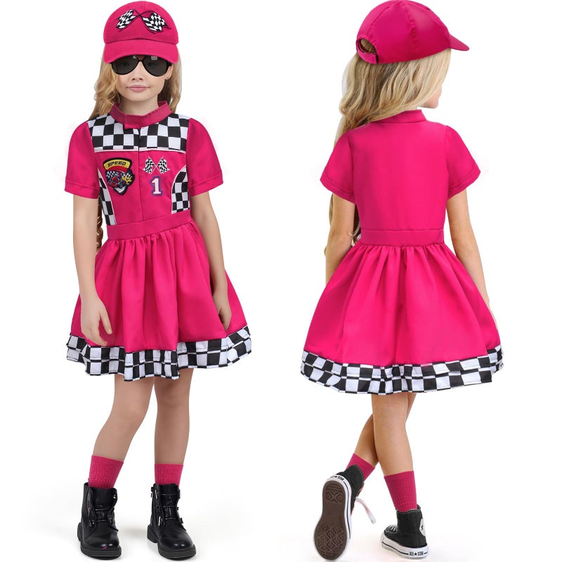 G.C 8pcs Kids Girls Race Car Driver Costume Toddler Racing Suit Rose Red Racer Dress Costumes Accessories Car Cap Knee Socks Sunglasses Flags Halloween Dress up Clothes (XS(4-6T)) - Image 2